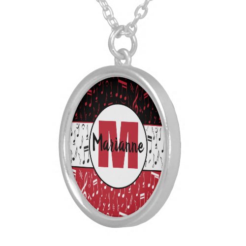 Black red and white music notes  silver plated necklace