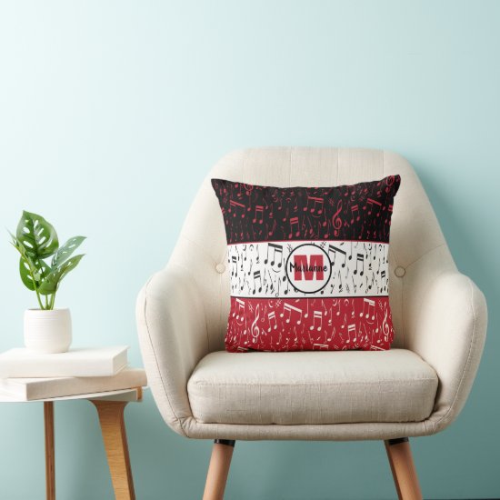Black red and white music notes throw pillow