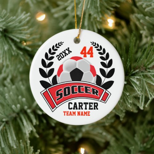 Black Red and White Personalize Soccer   Ceramic Ornament