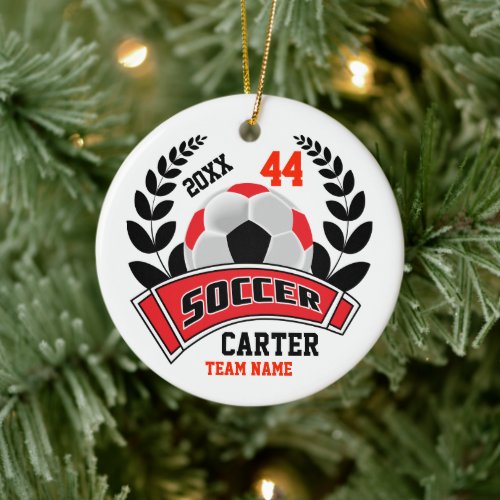 Black, Red and White Personalize Soccer  ⚽ Ceramic Ornament