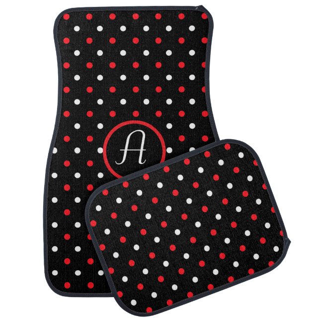 Black Red and White Polka Dots Monogrammed Car Floor Mat (Set)