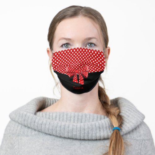 Black Red and White Polka Dots Ribbon Bow Adult Cloth Face Mask