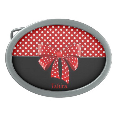 Black Red and White Polka Dots Ribbon Oval Belt Buckle