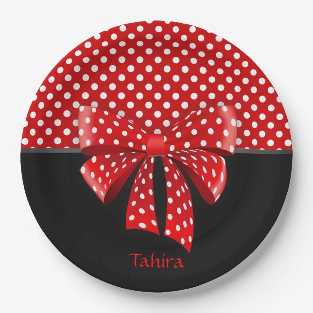 Black, Red and White Polka Dots Ribbon Paper Plates (Front)