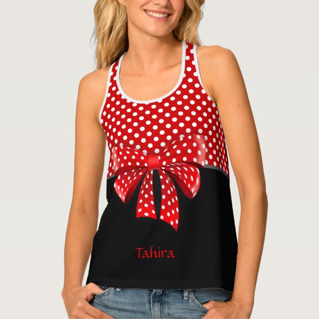 Black, Red and White Polka Dots Ribbon Tank Top (Front)