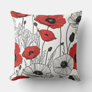 Black, red and white poppy abstract throw pillow