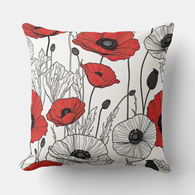 Black, red and white poppy abstract throw pillow (Front)
