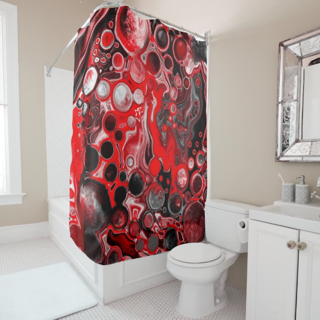 Black, Red and White Pour Painting Fluid Art Cells Shower Curtain (In Situ)