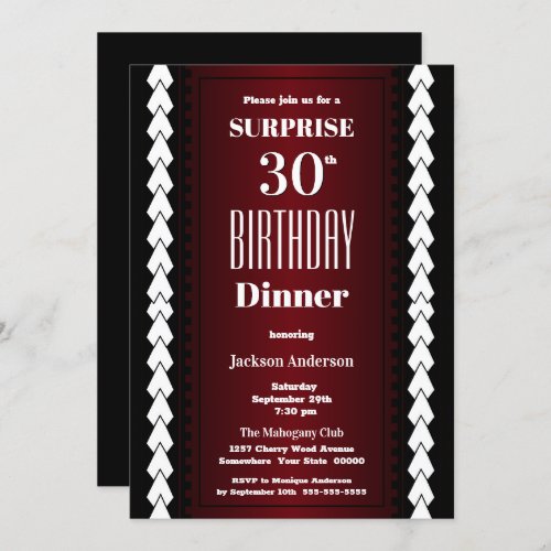 Black Red and White Surprise 30th Birthday Dinner Invitation