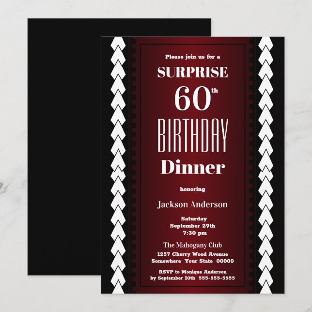 Black Red and White Surprise 60th Birthday Dinner Invitation (Front/Back)