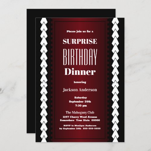 Black Red and White Surprise Birthday Dinner Invitation