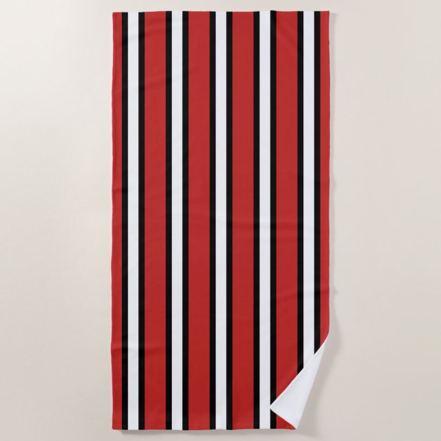 Black Red And White Vertical Stripes Beach Towel (Front)