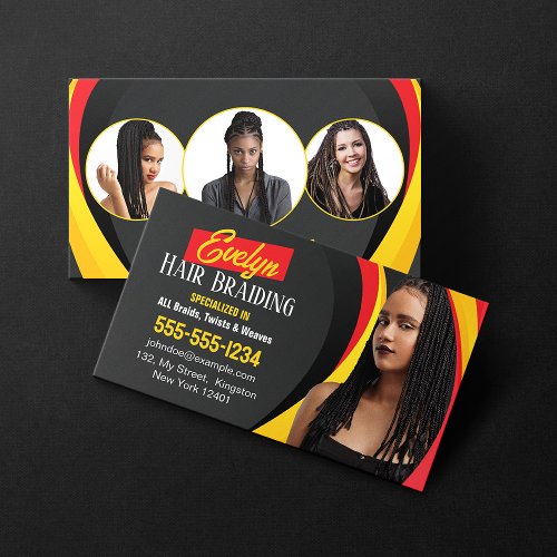 Black Red and Yellow Hair Braiding Photo Salon Business Card