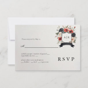 Black Red Anemone Coat of Arms Wedding RSVP Card