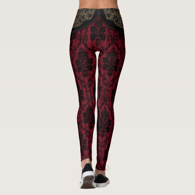 Black Red Antique Damask Lace Style Leggings (Back)