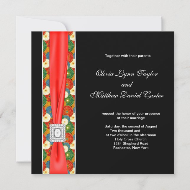 Black Red Asian Flower Black Wedding Invitation (Front)