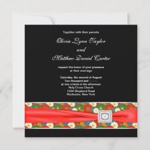 Black Red Asian Flower Classy Black Wedding Invitation