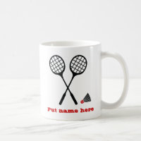 Black red badminton racquet and shuttlecock custom coffee mug
