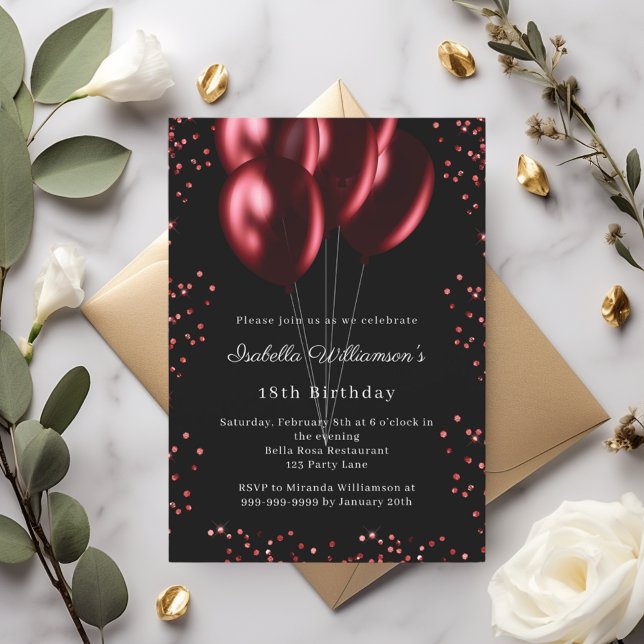 Black red balloons birthday  invitation postcard (Creator Uploaded)