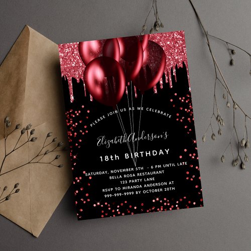 Black red balloons birthday party luxury invitation