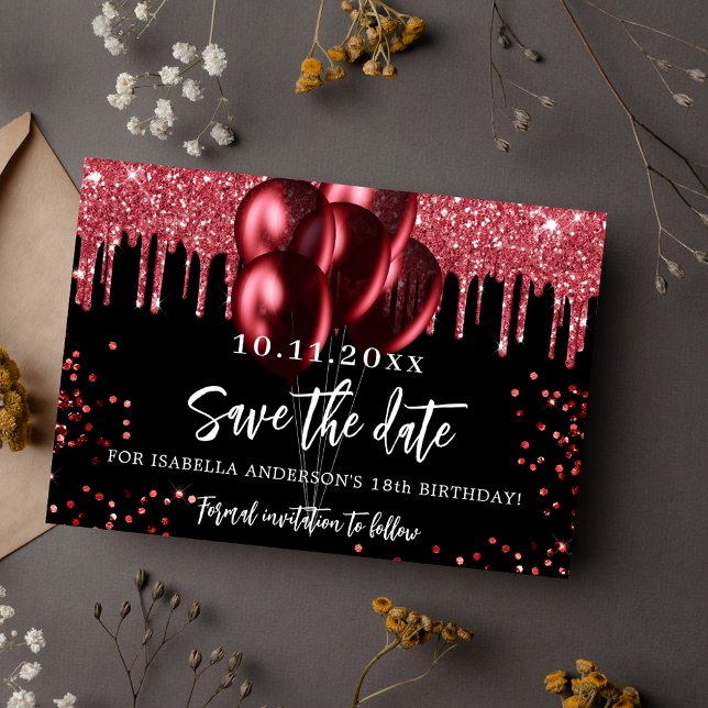Black red balloons glitter birthday party save the date (Creator Uploaded)
