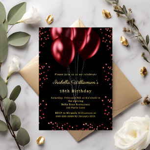 Black red balloons luxury birthday gold foil invitation