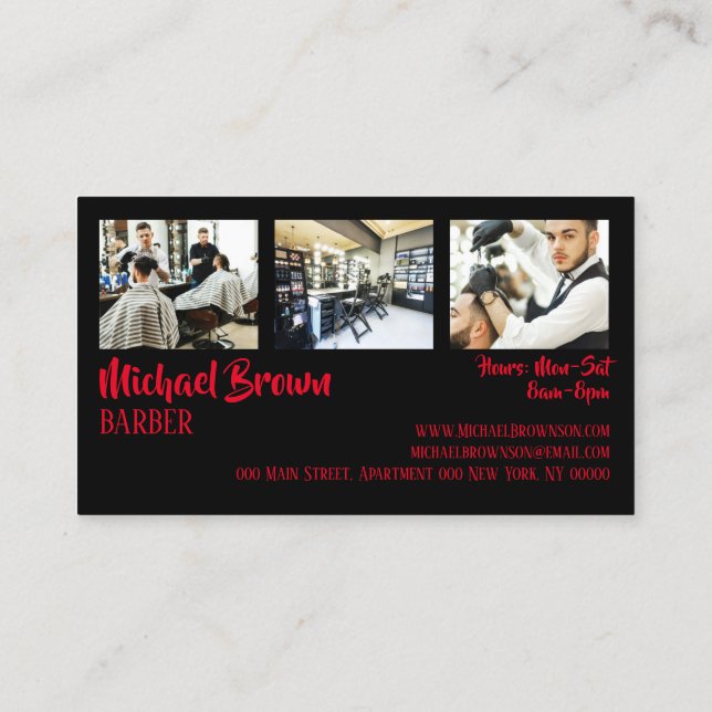 Black Red Barber pole supply shop custom photo Business Card (Back)