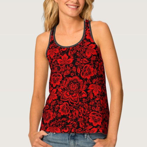 Black  Red Baroque Floral Damask Pattern Tank Top