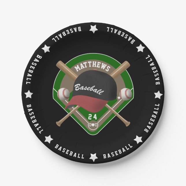 Black | Red Baseball Diamond Bats Balls Cap Name Paper Plates (Front)