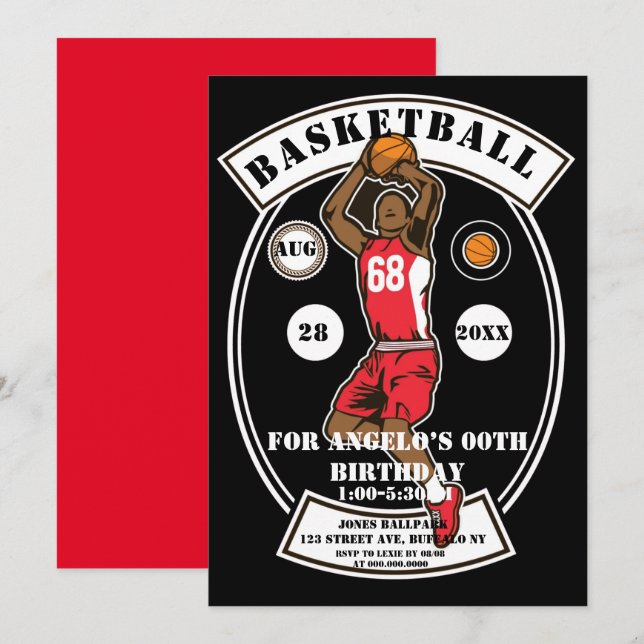 Black Red Basketball Birthday Party Invites (Front/Back)