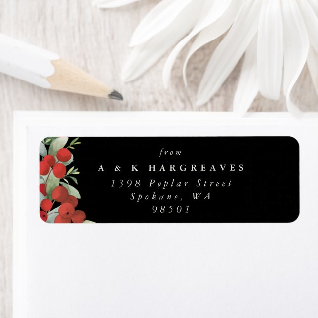 Black Red Berries + Eucalyptus Christmas Address Label (Insitu)