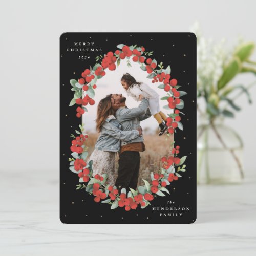 Black Red BerriesEucalyptus Christmas Photo Holiday Card