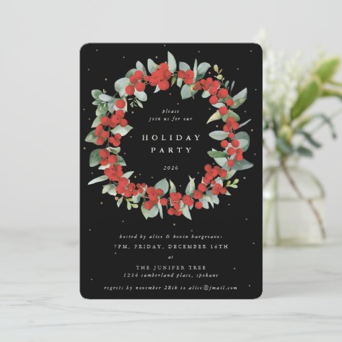 Black Red BerriesEucalyptus Wreath Holiday Party Invitation