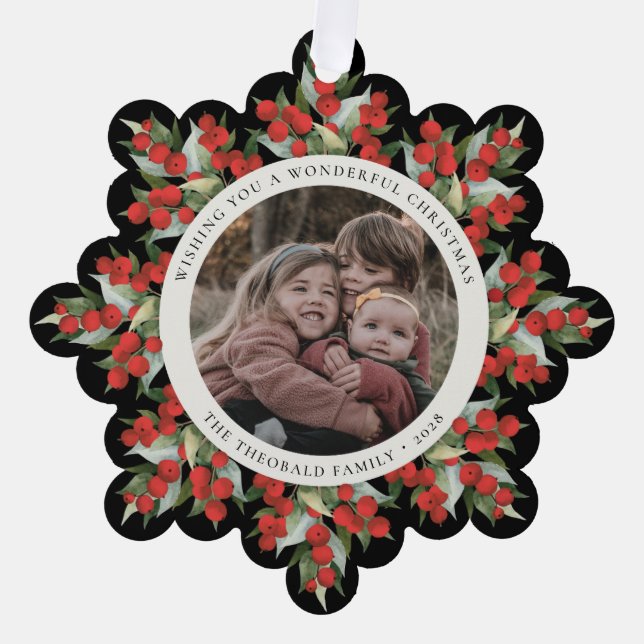 Black Red Berries+Greenery Christmas Paper Ornament Card (Front)