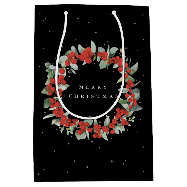 Black Red Berry+Eucalyptus Christmas/Holiday Medium Gift Bag (Front)
