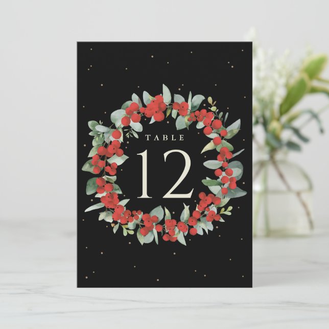 Black Red Berry+Eucalyptus Christmas Table Number (Standing Front)