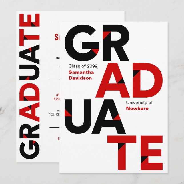 Black & Red Big Bold Angle-Cut Letters Graduation Invitation (Front/Back)