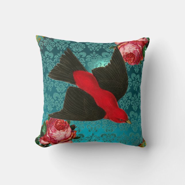 BLACK RED BIRD, PINK ROSES AQUA BLUE,TEAL DAMASK THROW PILLOW (Front)