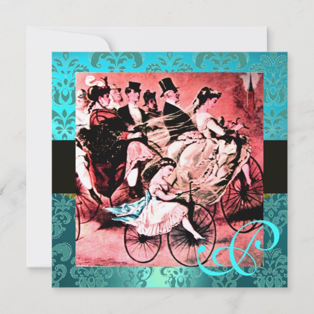 BLACK RED BLUE BICYCLE WEDDING DAMASK MONOGRAM INVITATION (Front)