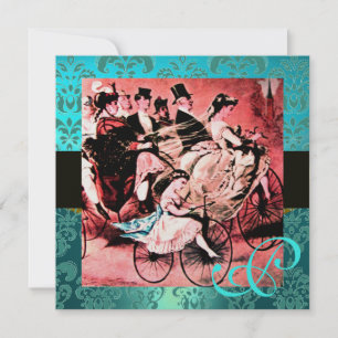 BLACK RED BLUE BICYCLE WEDDING DAMASK MONOGRAM INVITATION