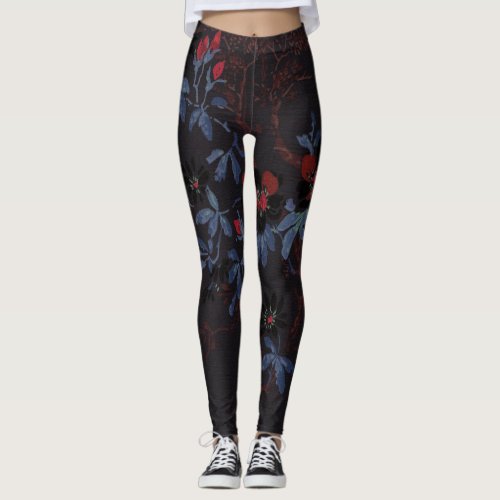 Black Red Blue Floral Pattern leggings activewear