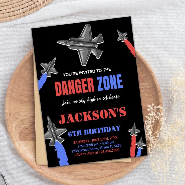 Black Red Blue Gray Fighter Jet Birthday Invitation (Black Red Blue Gray Fighter Jet Birthday Invitation)