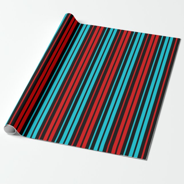 Black Red Blue Stripes Pattern   Wrapping Paper (Unrolled)