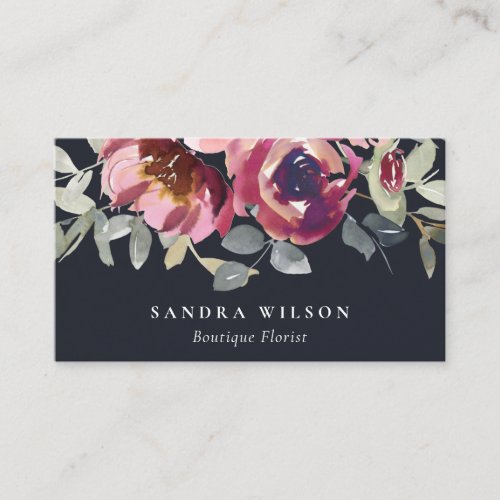 BLACK RED BLUSH BURGUNDY ROSE WATERCOLOR FLORAL BUSINESS CARD