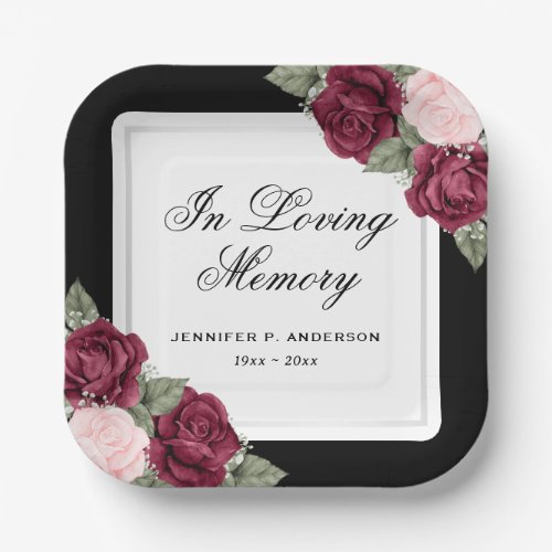 Black Red Blush Pink Floral Memorial Funeral Paper Plates