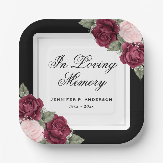 Black Red Blush Pink Floral Memorial Funeral Paper Plates (Front)
