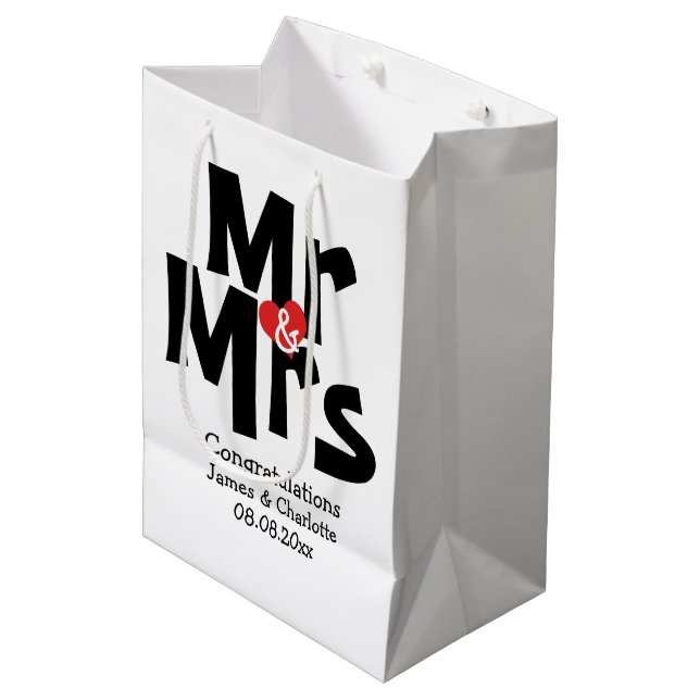 Black Red Bold Modern Personalized Mr and Mrs Medium Gift Bag (Front Angled)