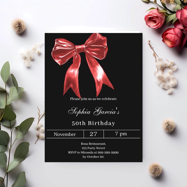 Black red bow birthday invitation postcard (Creator Uploaded)