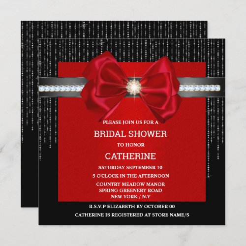 Black red bow diamond shimmer luxurious elegant invitation
