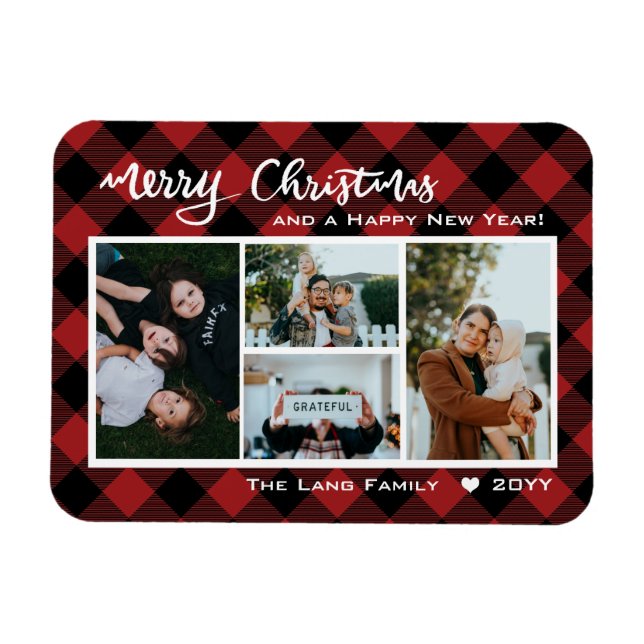 Black Red Buffalo Check Merry Christmas Collage Magnet (Horizontal)